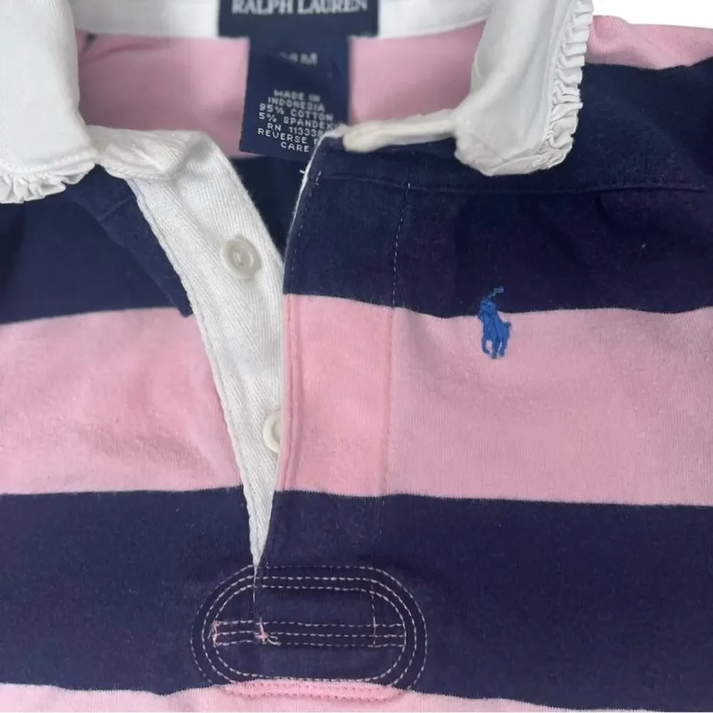 Ralph Lauren Striped Polo Shirt Baby Girls 24M Pink Blue Ruffle Collar Preppy